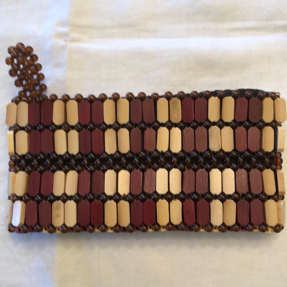 VINTAGE WOODEN HANDMADE BEADED CLUTCH PURSE BAG UNIQUE STURDY LINED ZIPPER- #487